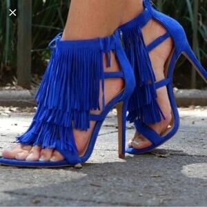 Steve Madden Fringly Blue Suede Leather Fringe High Heel Sandals Size 7.5
